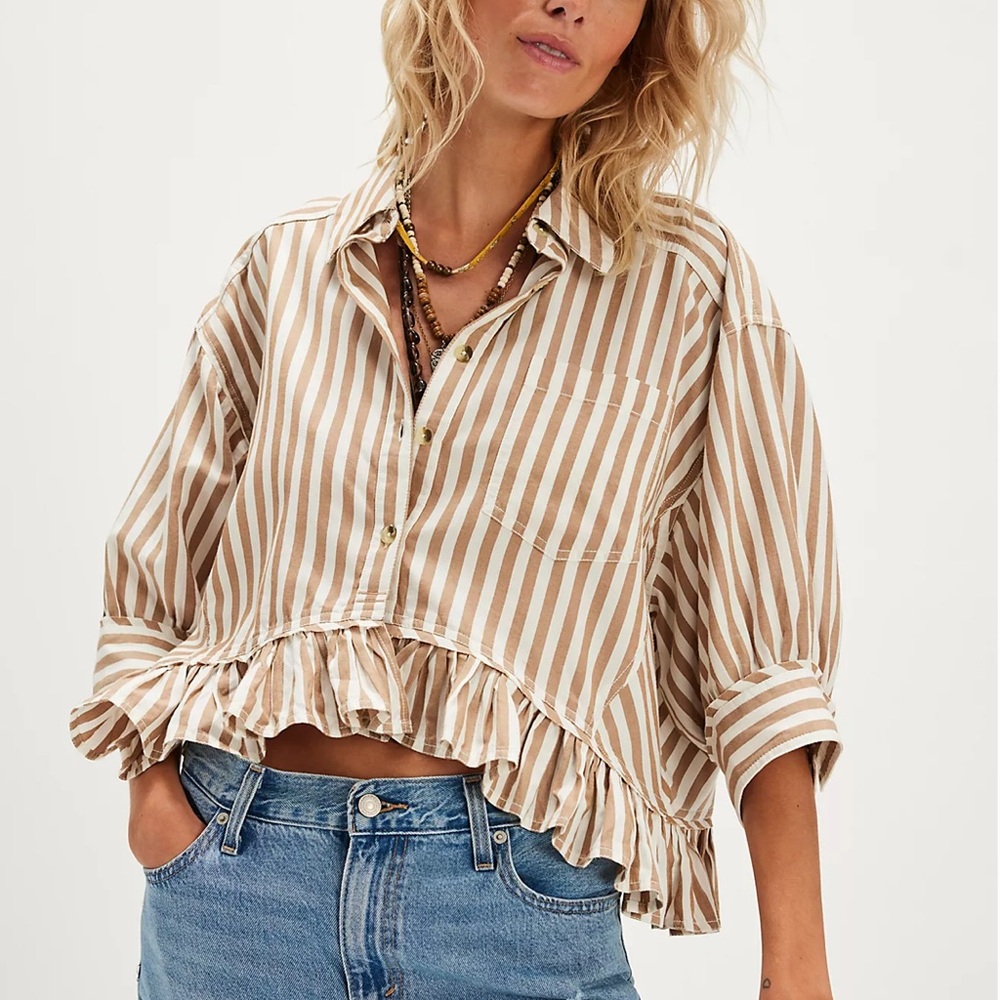 We The Free Tan and White Striped Blouse